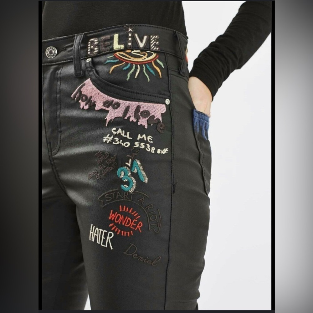 Topshop Moto Jamie Coated Faux Leather Skinny Jeans W28 L30 Embroidered Y2K - Picture 4 of 11